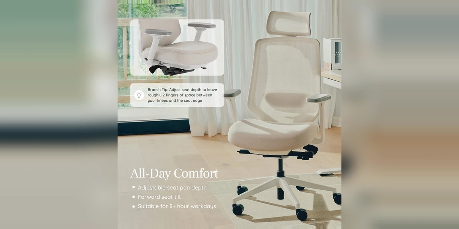 Branch Ergonomic Chair Pro showing seat adjustment and seat positioning